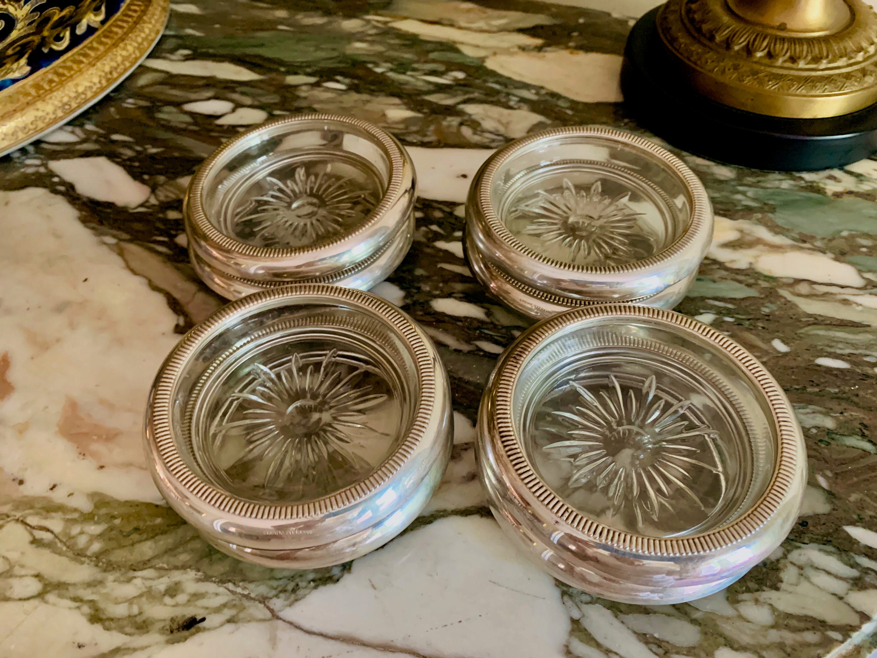 Sterling Silver Glass Coasters, Set of 8 Crown Sterling Coasters, Mid