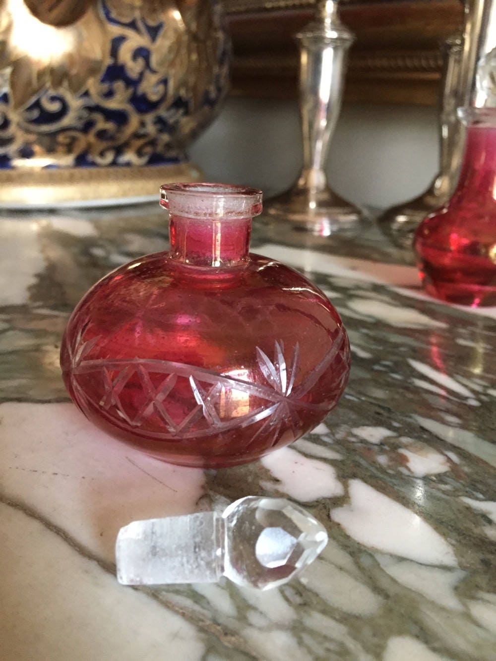 Cranberry Glass Perfume Bottle, Dauber Glass Stopper, 3 Perfume Bottles ...