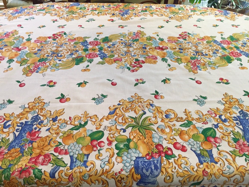 French Country Tablecloth, Vintage Table Linens, Blue, Yellow, Cream ...