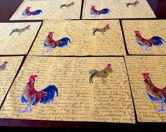 French Country Placemats, Set of 8 Vintage Placemats Mustard Color, Rooster Chicken Images French Words,  French Country Cottage Kitchen