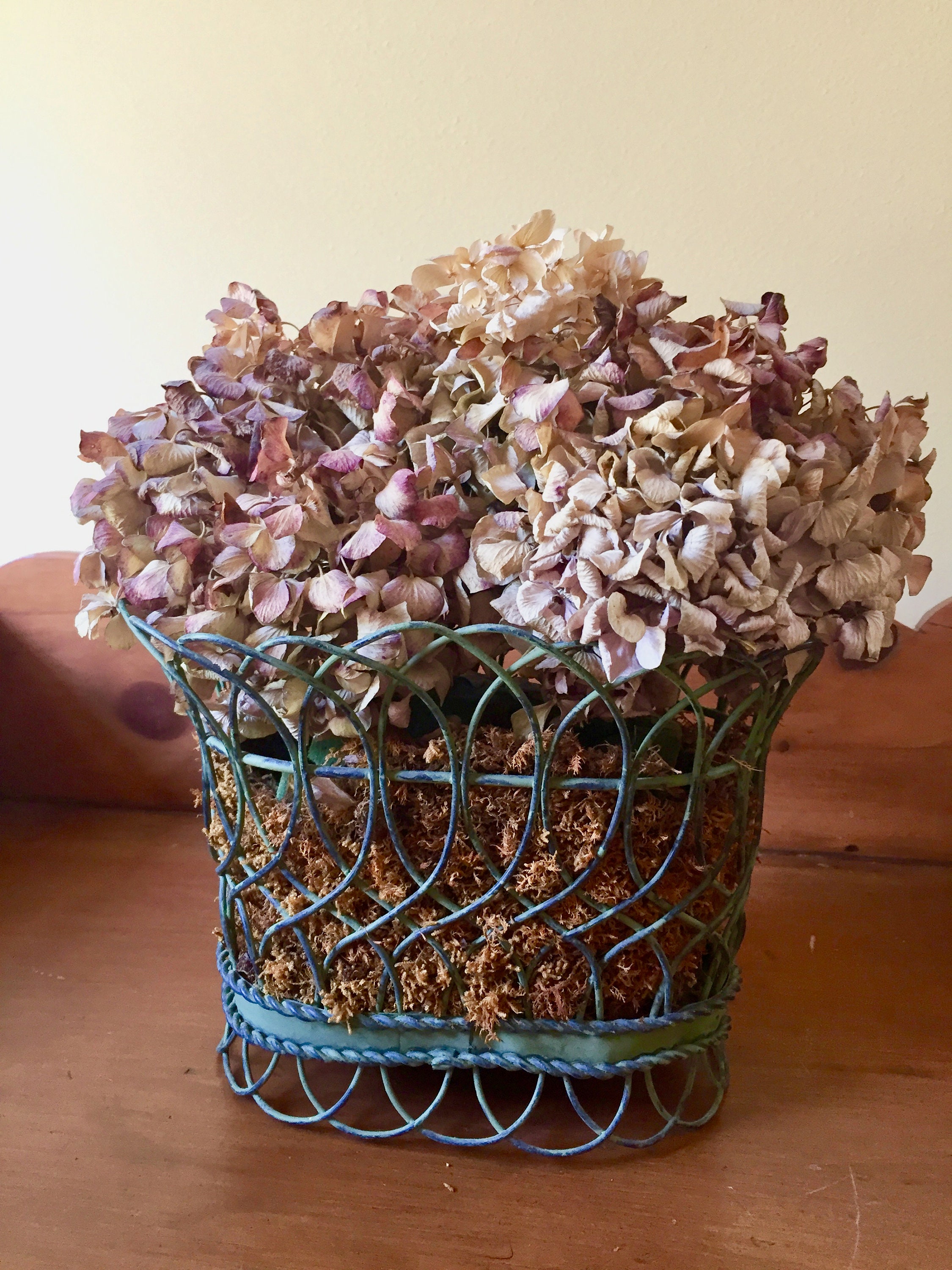French Basket with Dried Flowers, Vintage Green Wire ...