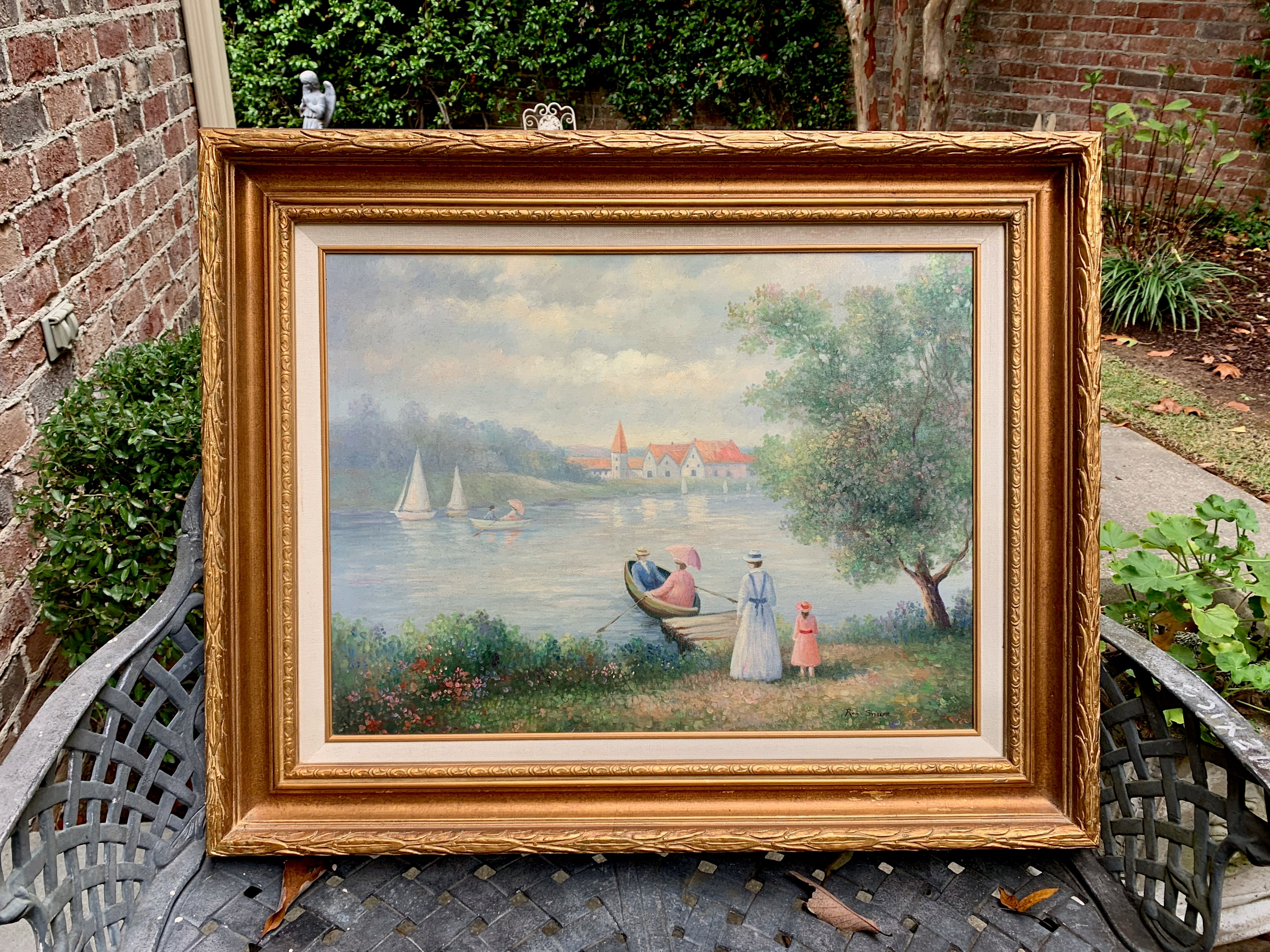 Vintage Oil Painting Boating Water Scene with Family Outing, Signed Ron