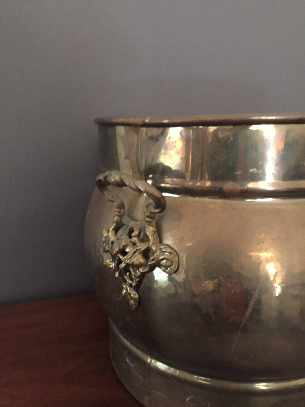 Round Brass Planter, Large Planter with Heavy Handles, Indoor Planter