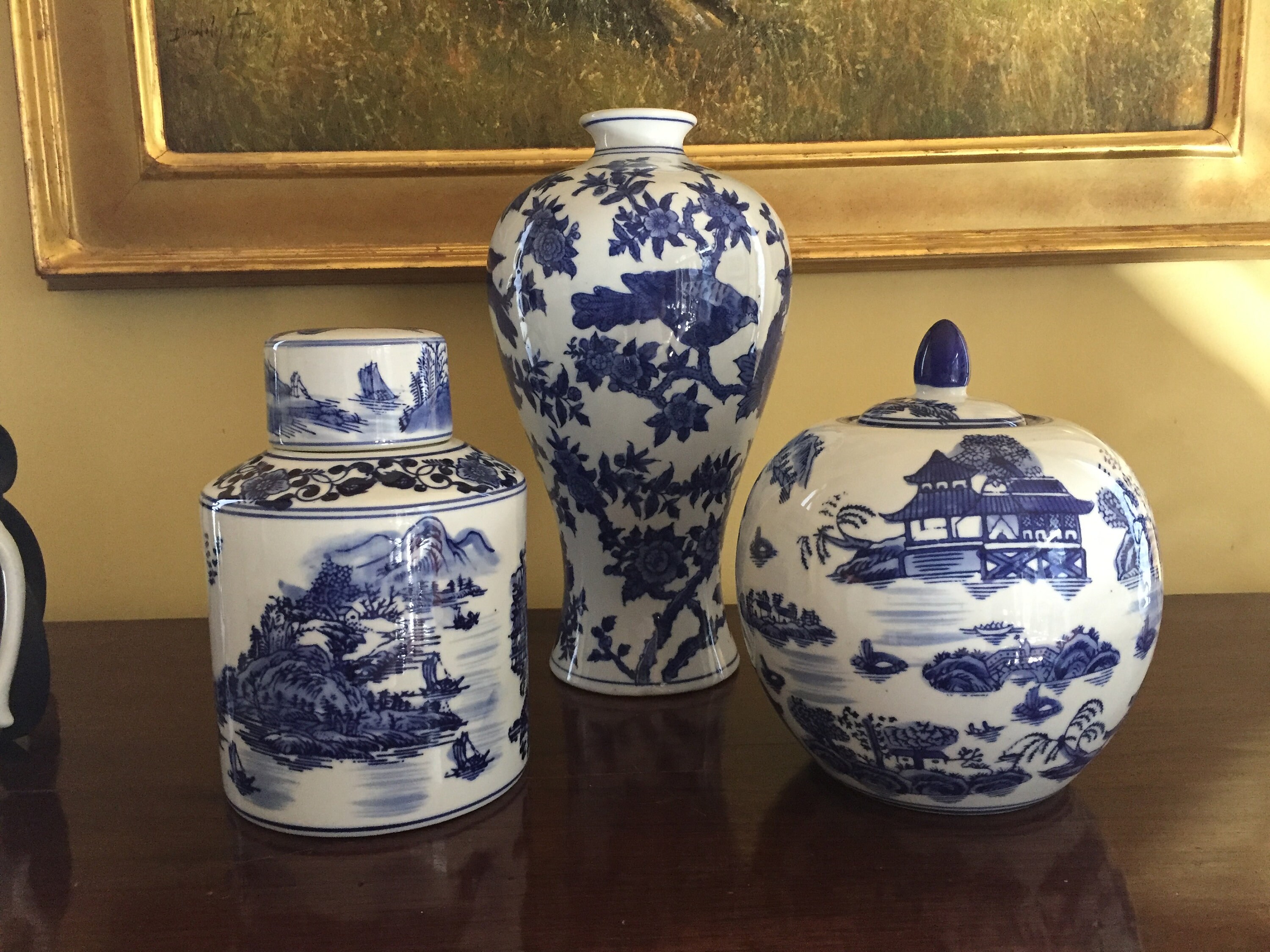 Blue White Chinoiserie Vase, 13 Inch Blue White Asian Vase, Blue White