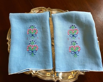 Blue Tea Towels, Two Embroidered Tea Towels, Blue Linen Rolled Hem, Blue Decor, Hostess Bridal Gift, House Warming Gift, Cottage Farmhouse
