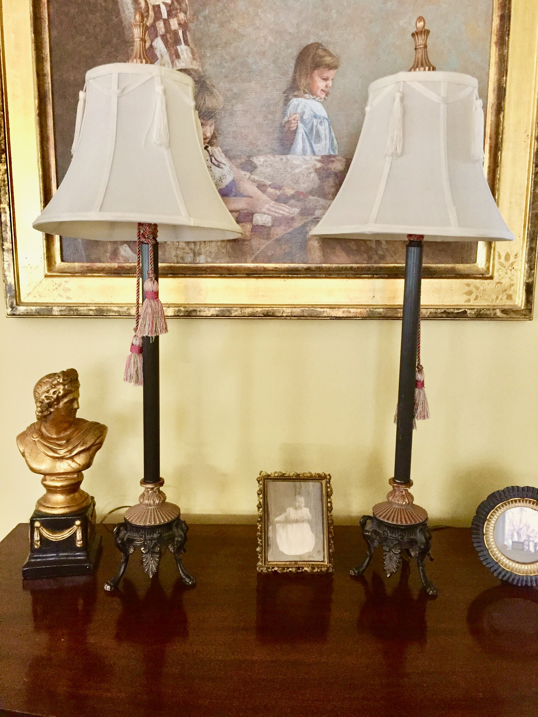 Vintage Neo Classical Style Metal Lamps, Pair Black Gold Buffet Lamps