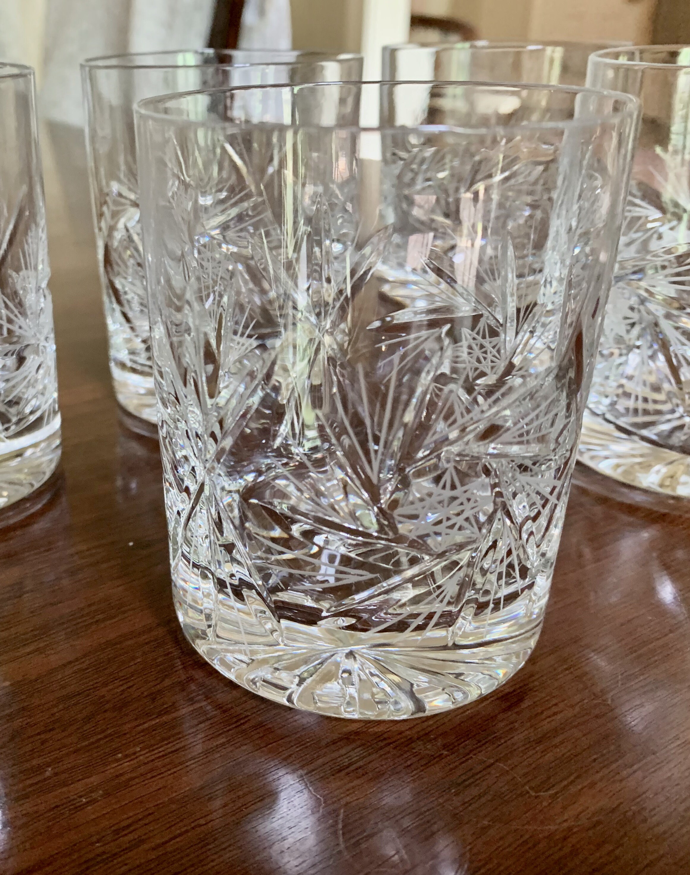 Five Old Fashion Glasses, Cut Crystal Manhattan Glasses, Lo Ball Whiskey Glass, Starburst Cut