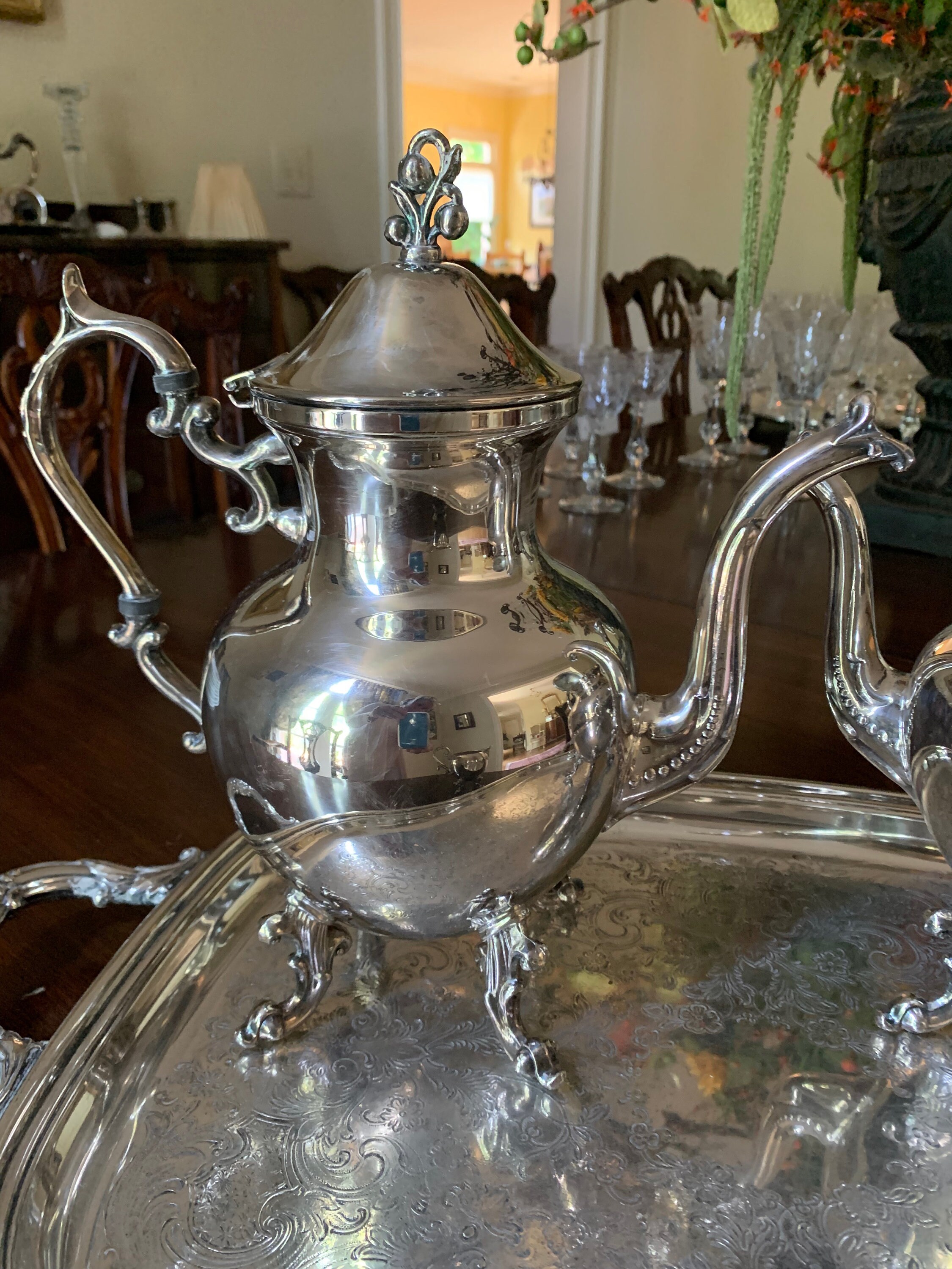 Silver Service Tea Set, Three Piece Silver Plate Coffee Set with Tray