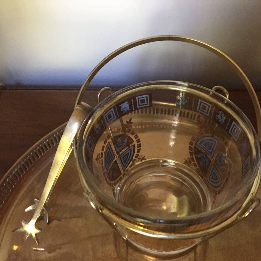 Mid Century Ice Bucket with Tongs, Gold Rim and Design, Hollywood