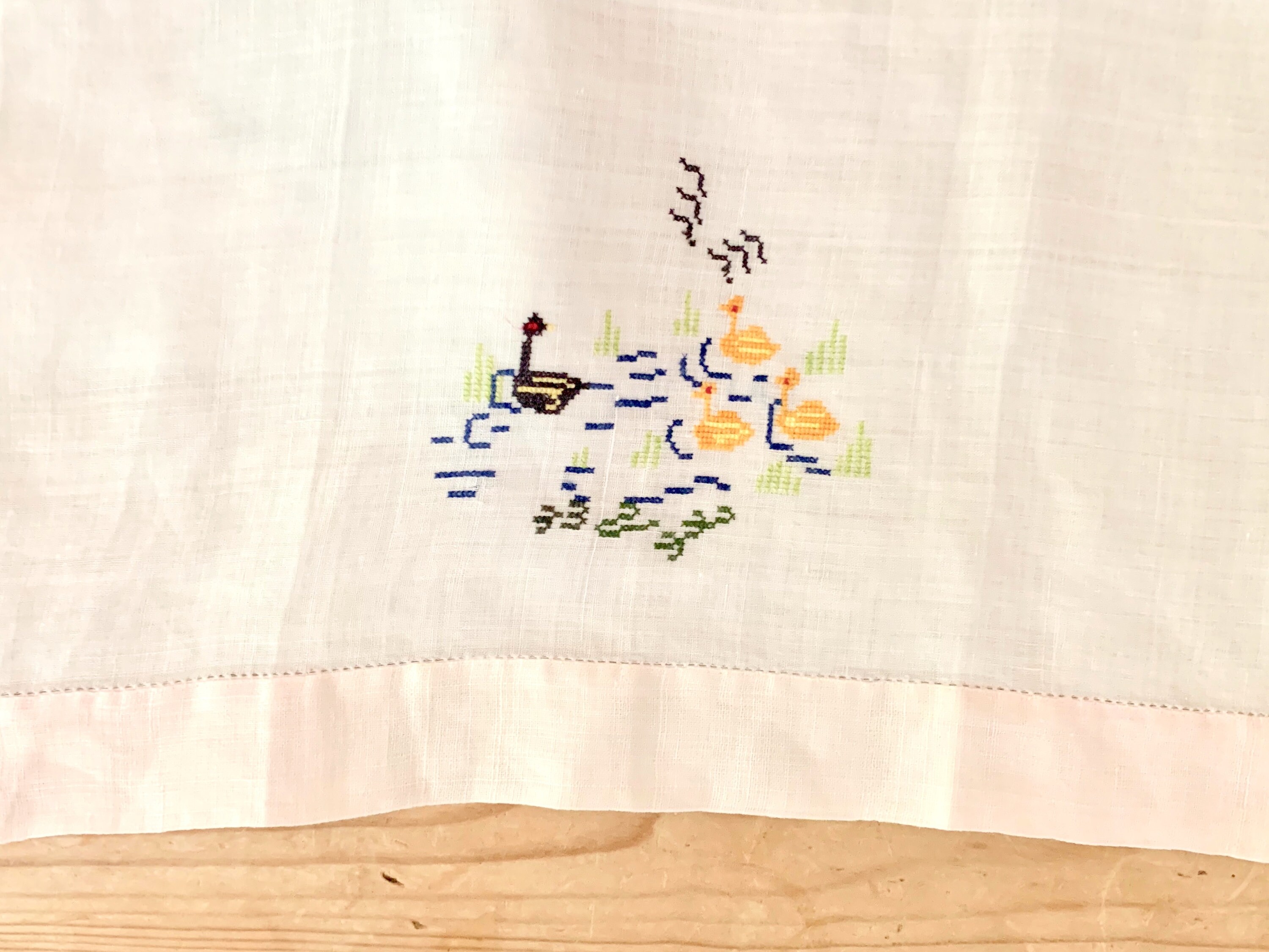 Two Linen Tea Towels, Petit Point Japanese Lanterns Blue White, Petit