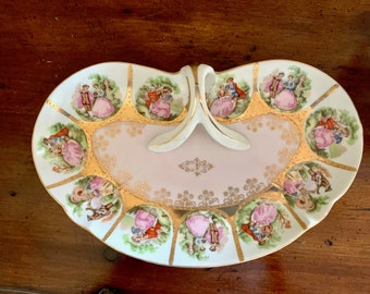 Porcelain Heart Shaped Dish, Vintage Pink White Gold Vanity Dresser Dish with Handle, Pastry Petit Four Tray, Victorian European Patterns