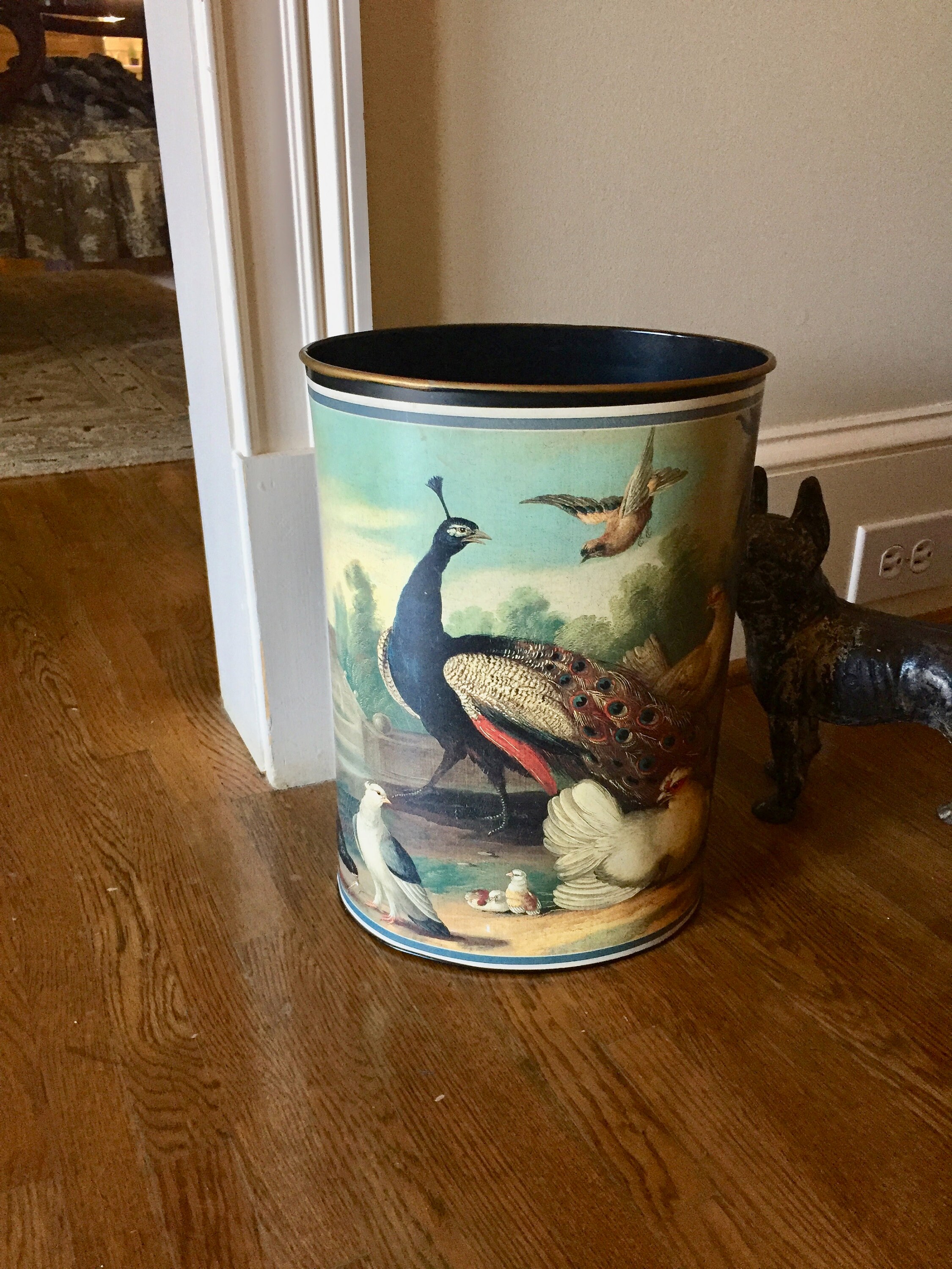 Vintage Metal Waste Basket, Metal English Country Waste Can, Peacock