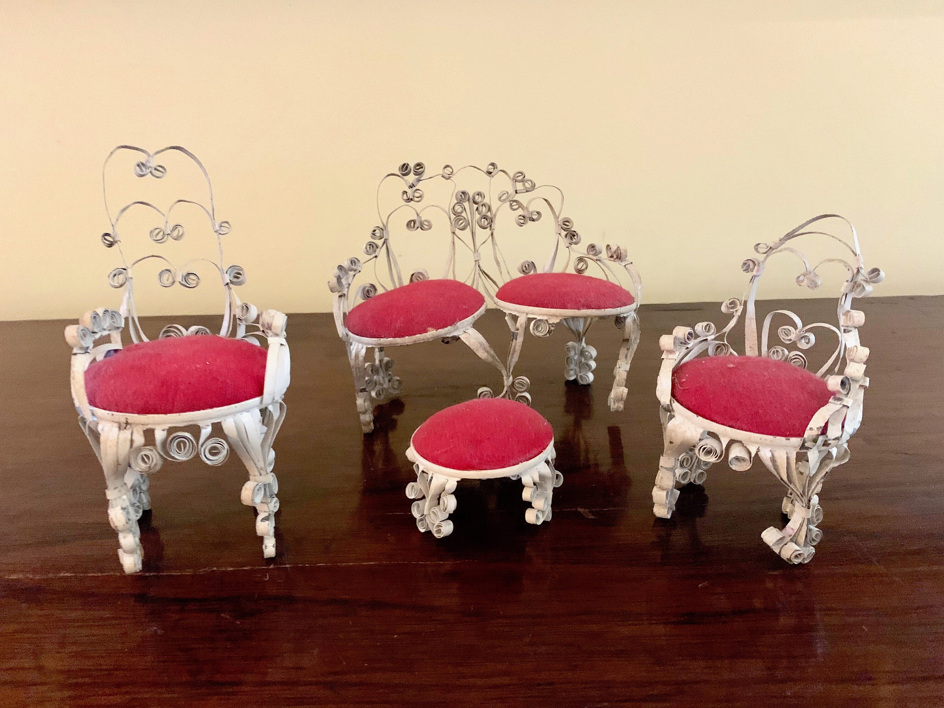 Tin Can Doll Furniture, Folk Tramp Art 4 Piece Settee Set Soda Can Doll