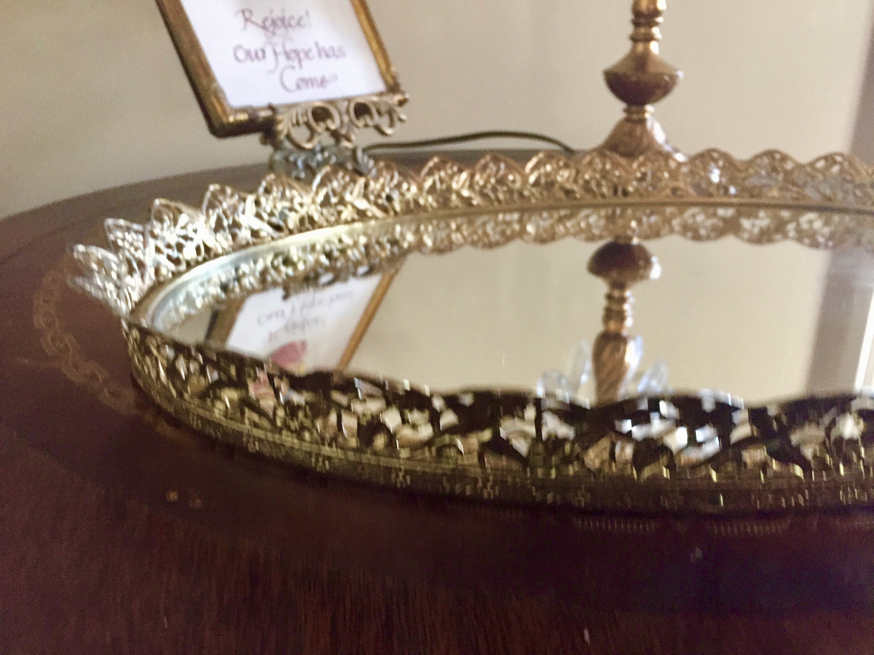 Oval Mirrored Vanity Tray, Gold Metal Filigree Mirrored Perfume Tray