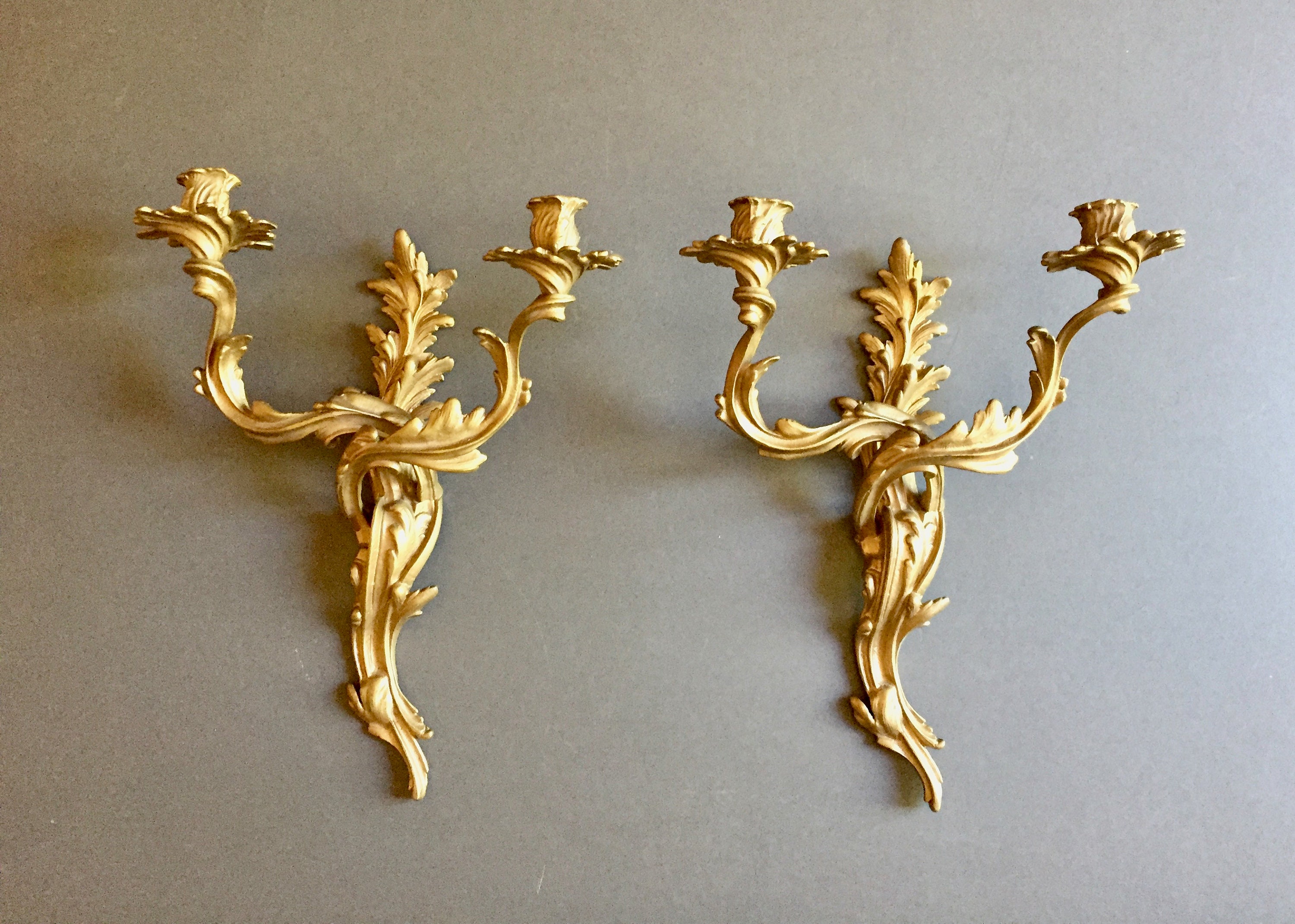 Pair Iron Candle Wall Sconces, Gold Toned 2 Light French Style Wall