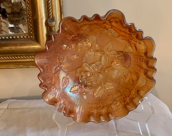 Carnival Glass Footed Bowl, Imperial Glass Lustre Rose Marigold 8 Inch Footed Bowl, Crimped Scalloped Rim, Excellent Condition