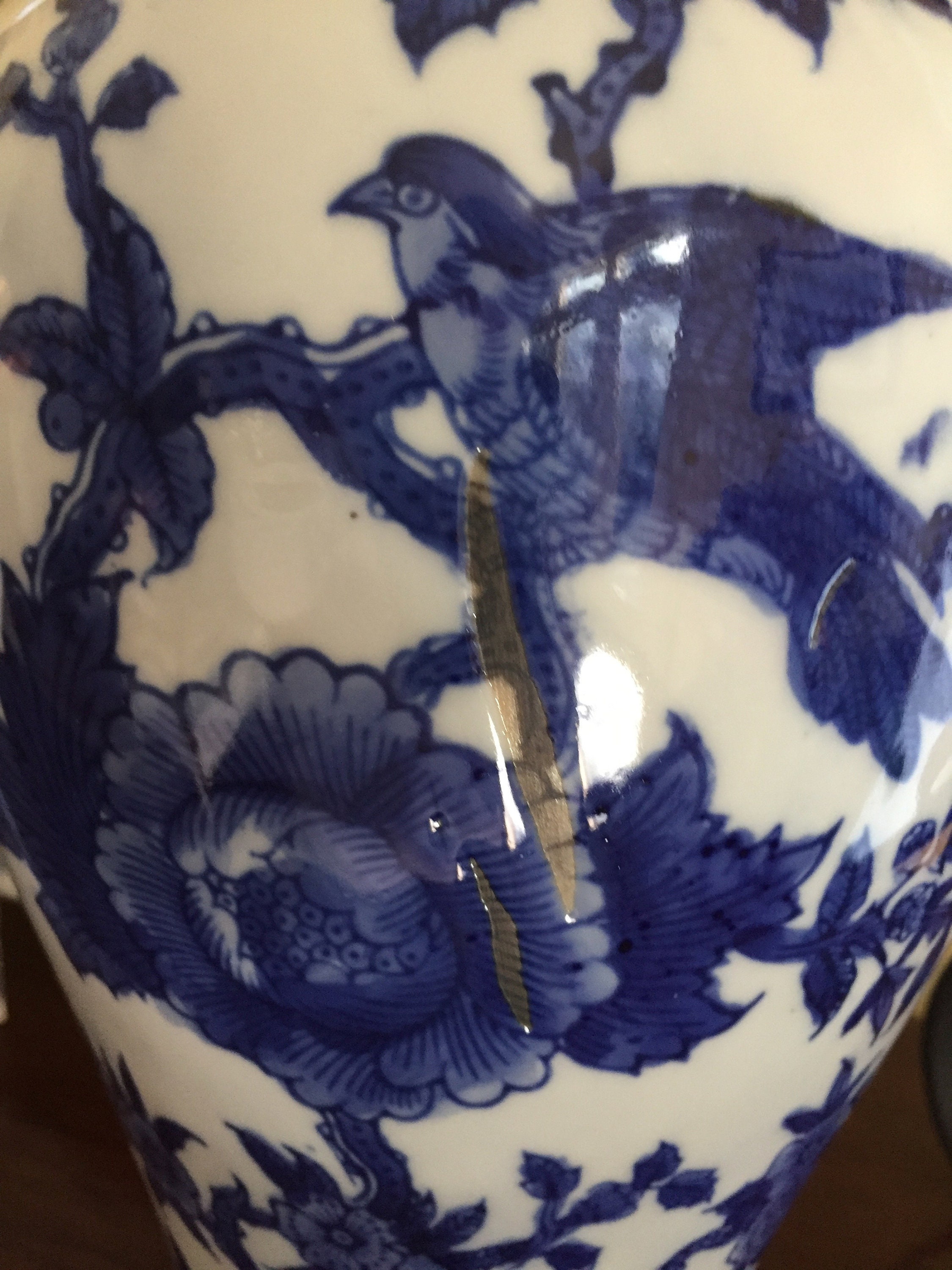Blue White Chinoiserie Vase, 13 Inch Blue White Asian Vase, Blue White