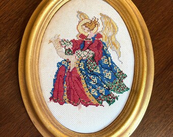 Needlepoint Angel, Framed Petit Point Tudor Angel, Small Gold Toned Oval Frame, Christmas Decor, Angel Lover Gift, Angel Textile Gift
