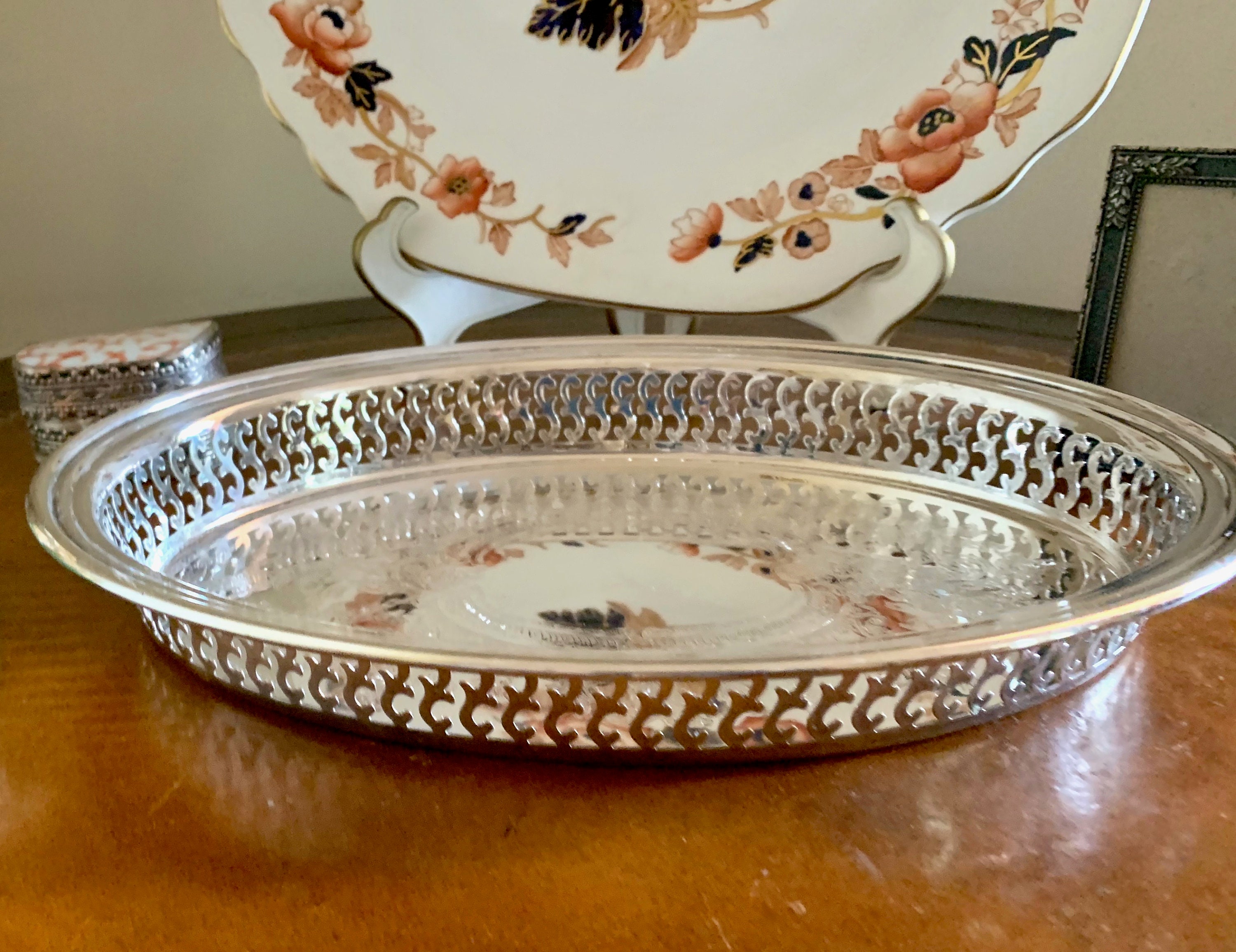 Small Oval Silver Tray, Vintage Silver Plate Gallery Tray, Barware Tray