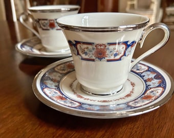 Lenox Interlude Cup and Saucer, Bone Porcelain Platinum Rim Red and Blue Flowers, 4 Available Each Set Sold Separately, Replacement China,