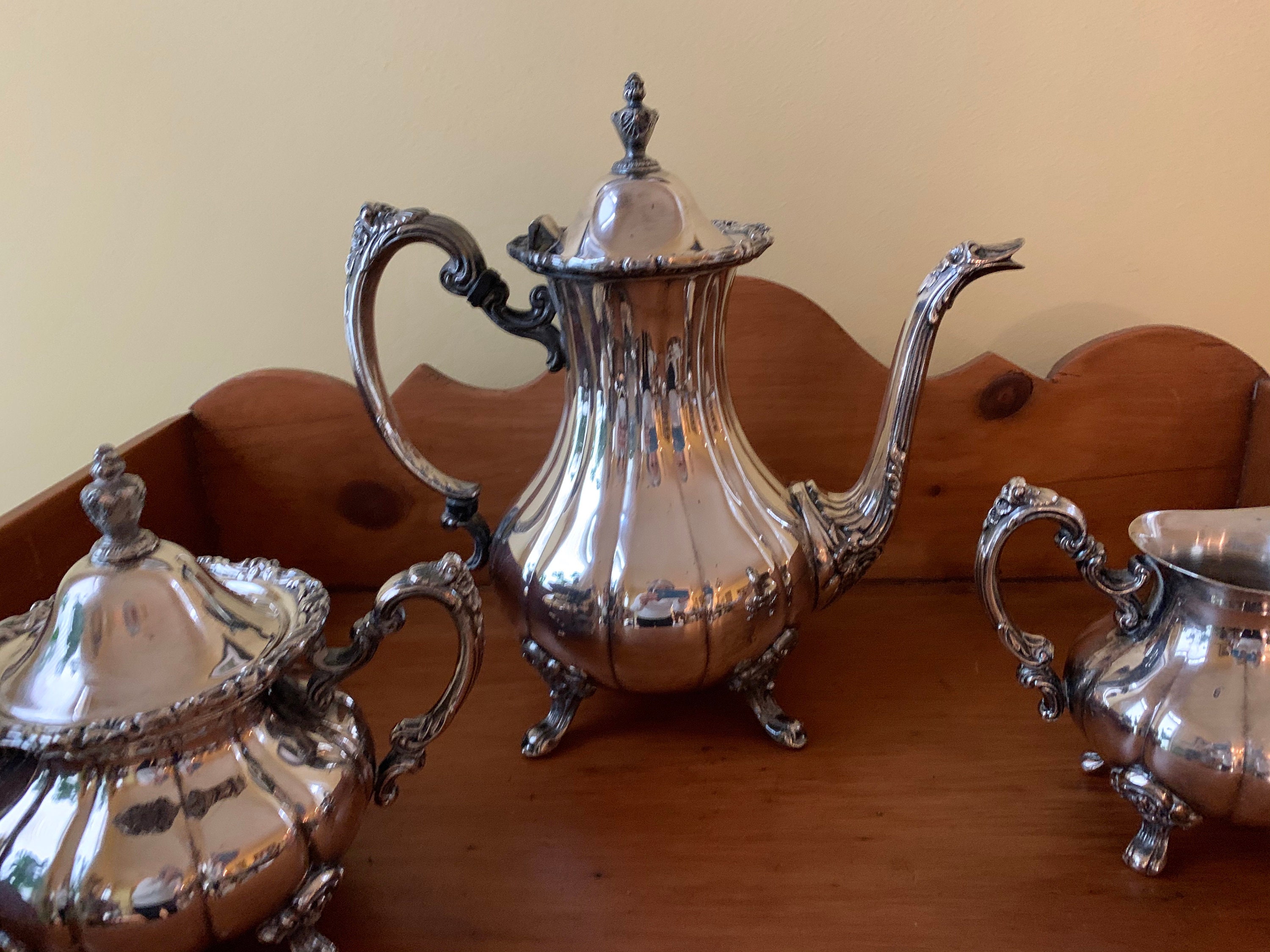 Silver Tea Set, Three Piece Silver Plate Silver Service Set, Silver Coffee Pot Creamer Sugar