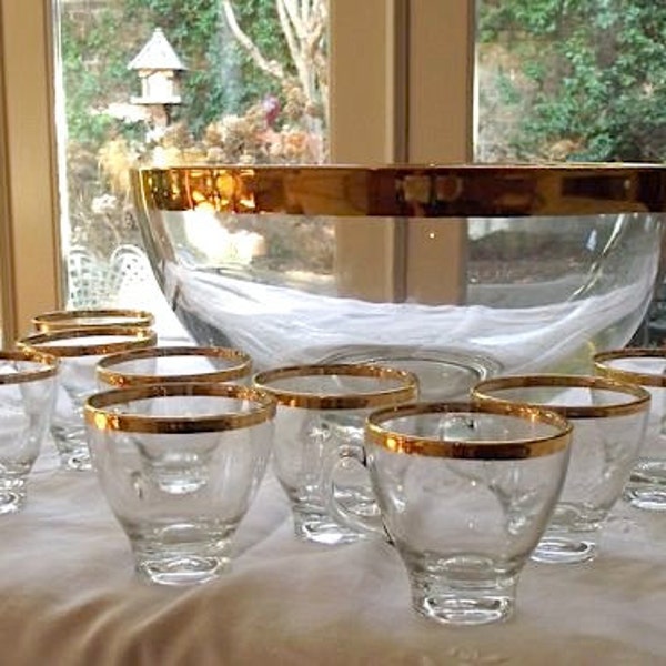 RESERVED for Fortuna until 01/18/14 Lovely Vintage Gold Rimmed Punch Bowl Set with 11 cups
