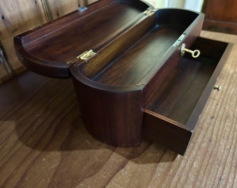 Walnut Box, Decorative Wood Box with Key and Drawer, Oval Shaped Box, Brass Key Hole, Box Collector Gift, Keepsake Accent Box