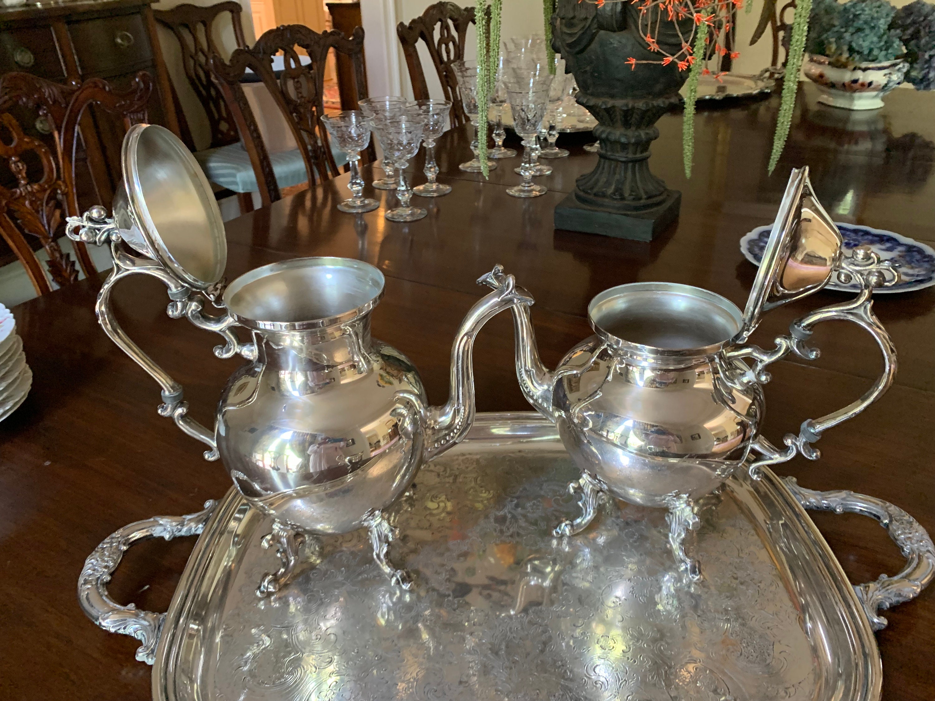 Silver Service Tea Set, Three Piece Silver Plate Coffee Set with Tray
