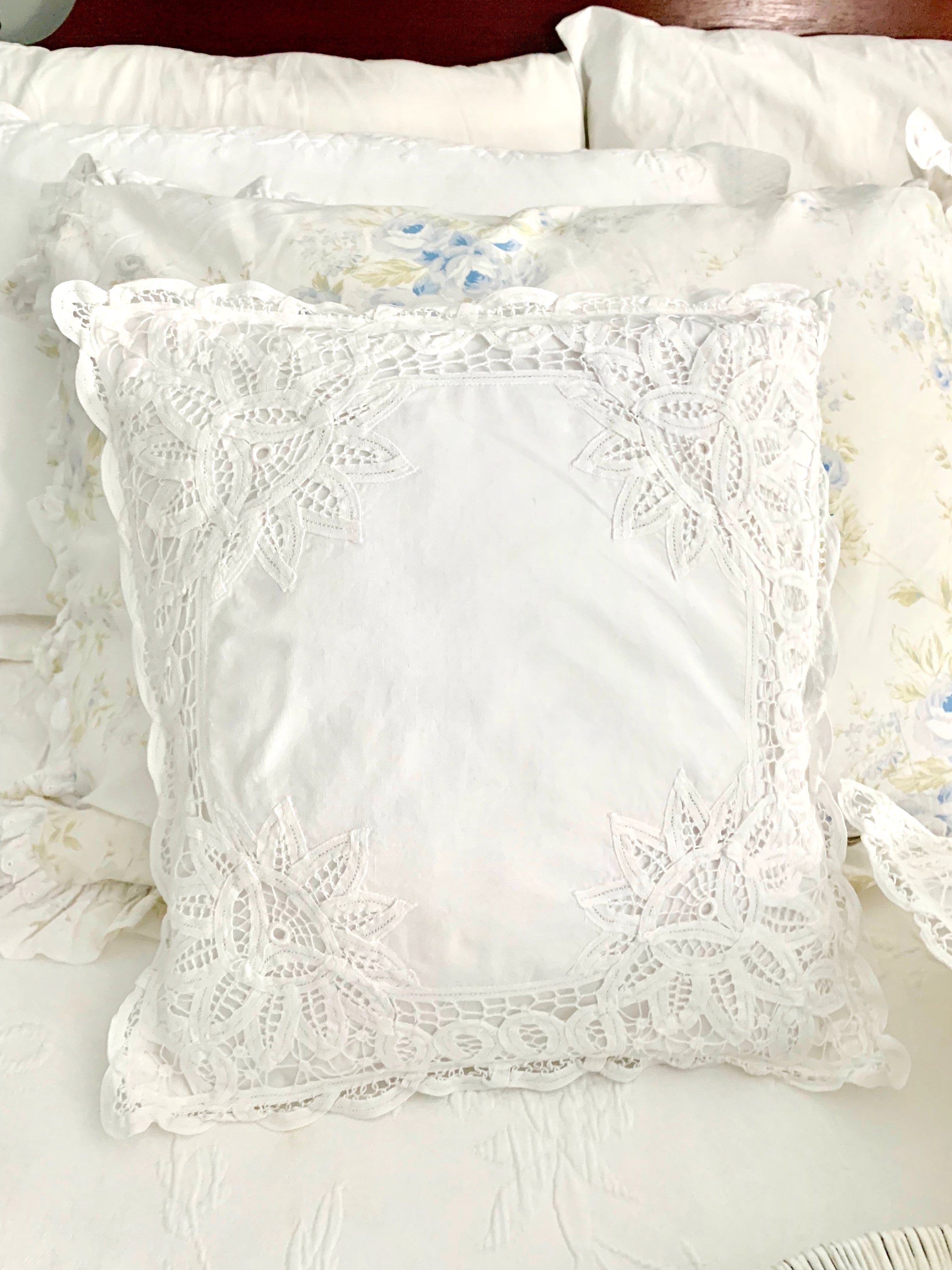 White Battenburg Pillow with Form, Square Battenburg Decorative Pillow