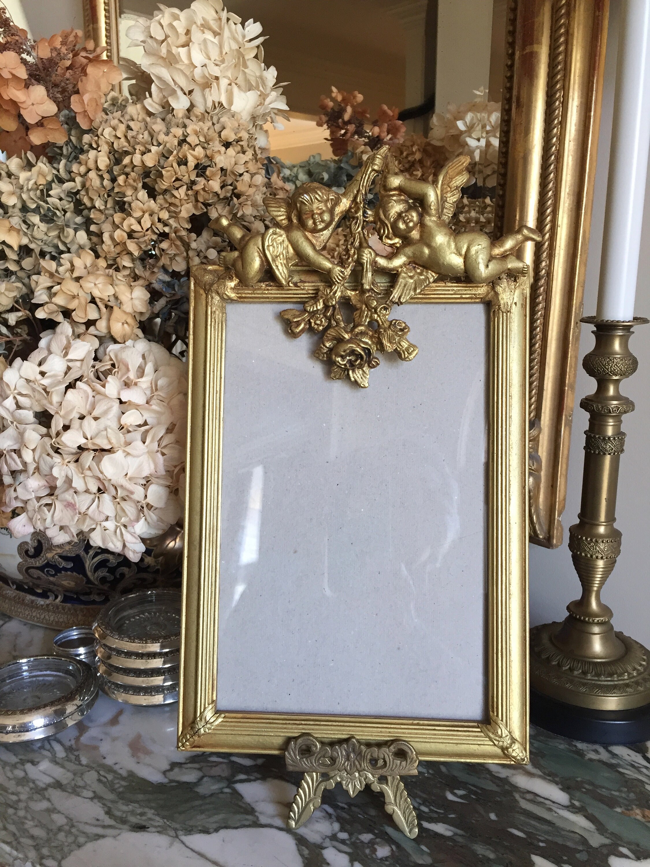 Vintage Cherub Photo Frame, Gold Toned Wooden Decorative Picture Frame