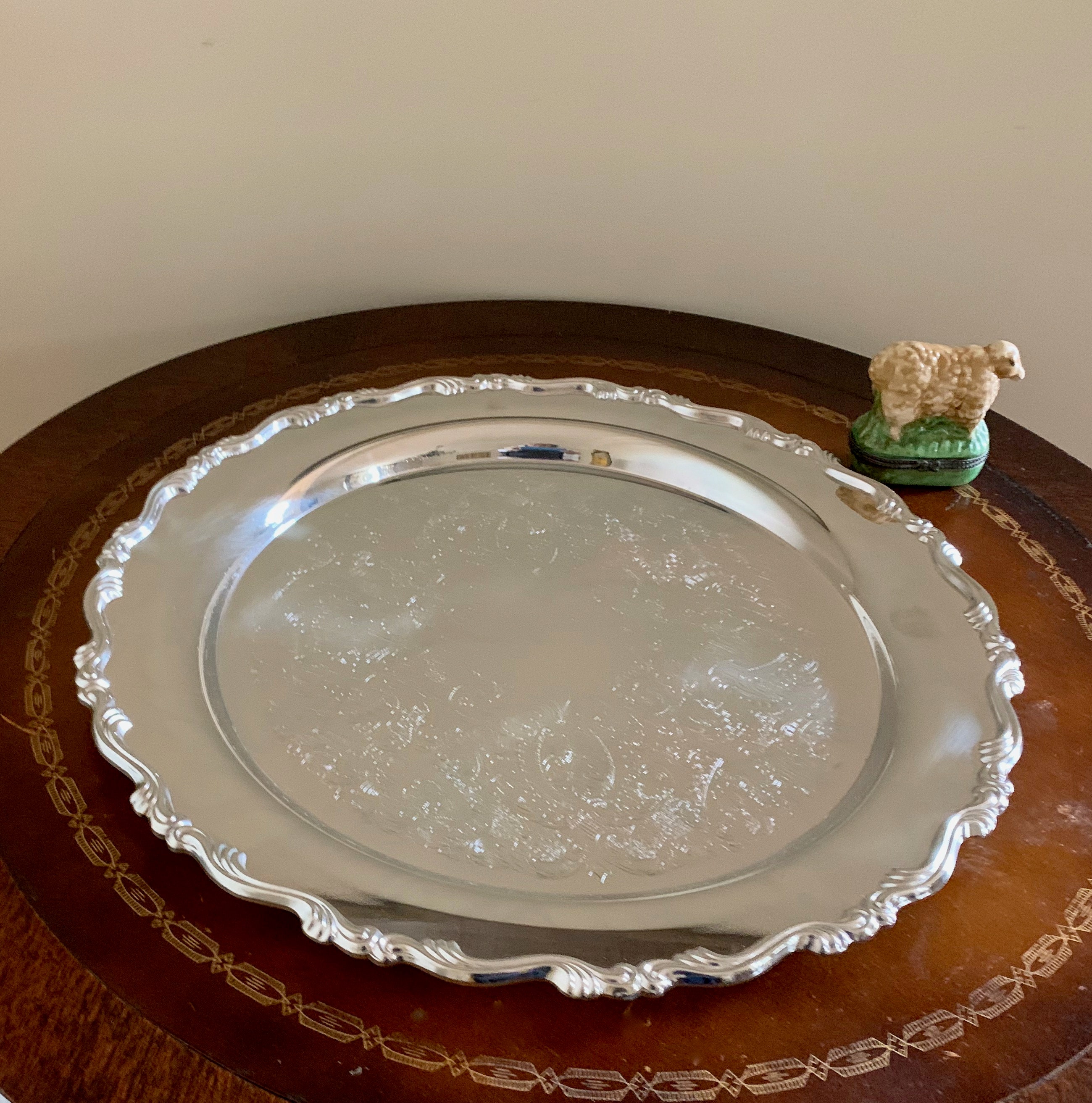 Round Silver Tray, Vintage 15 inch Silver Plate Tray, Barware Tray, Wedding Bridal Gift, Silver