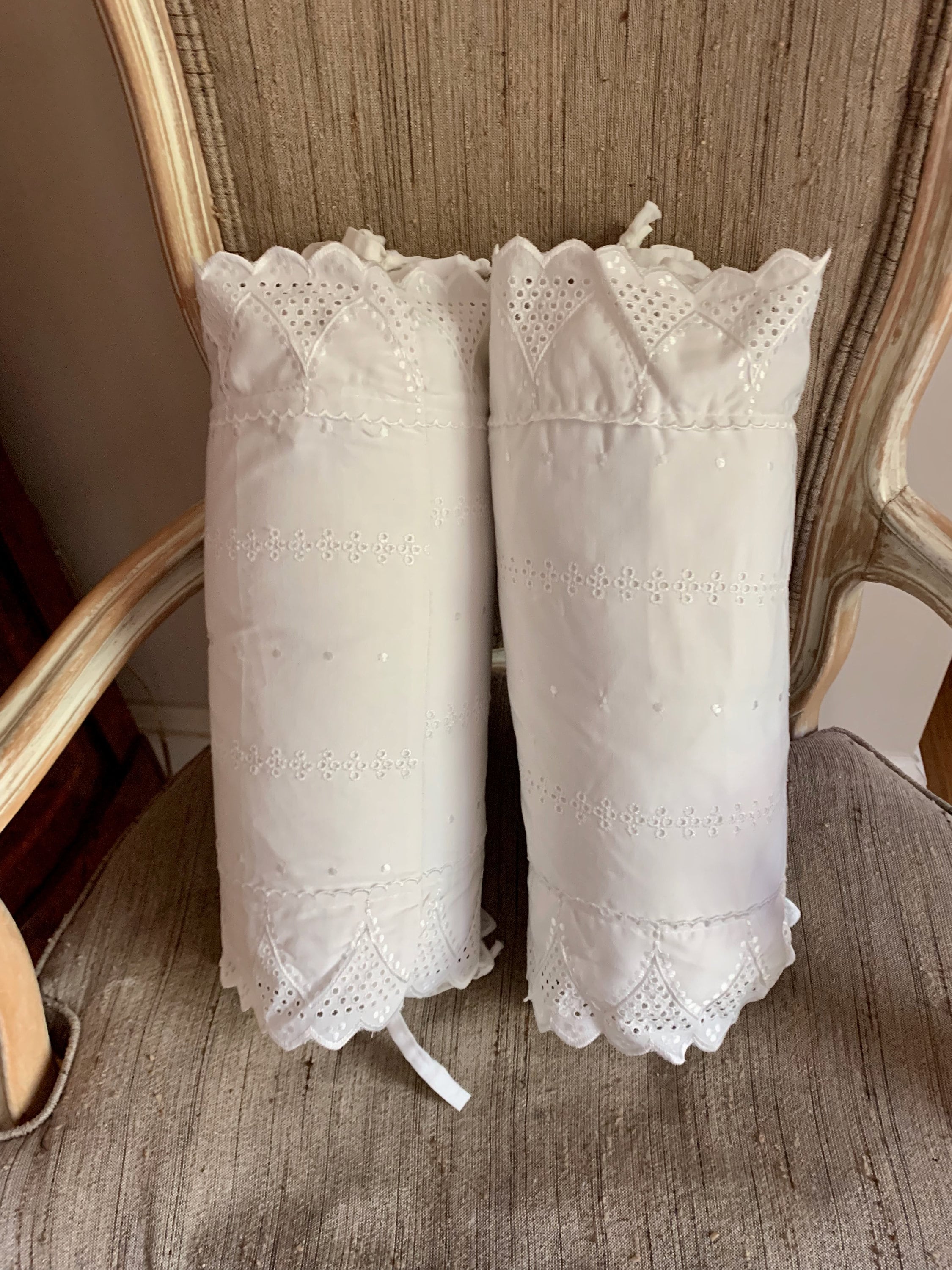Eyelet Bolster Pillow and Form, Vintage Ivory Neck Roll Decorative
