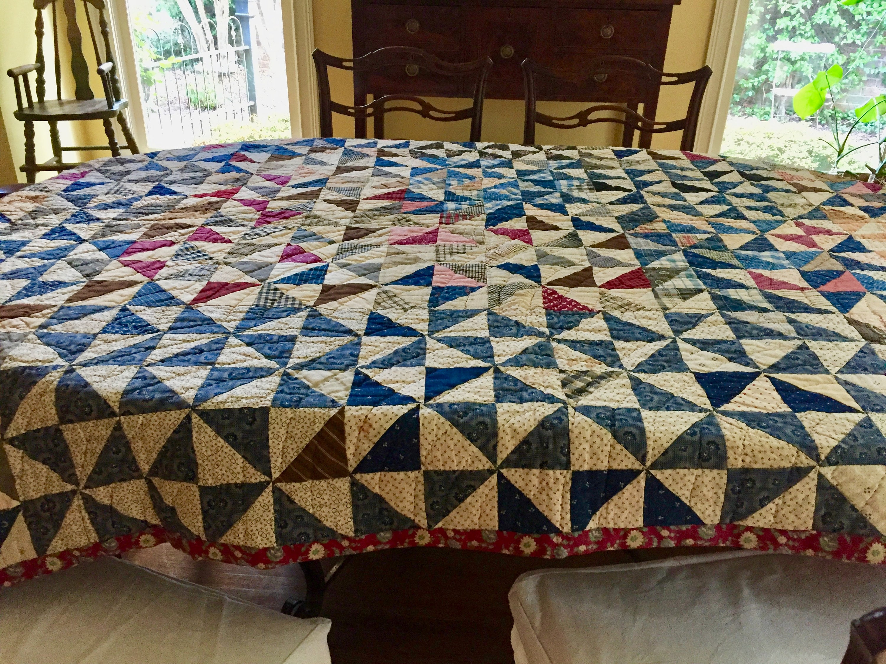 Vintage Handmade Pinwheel Quilt, Southern Quilt, Black Indigo Blue Tan