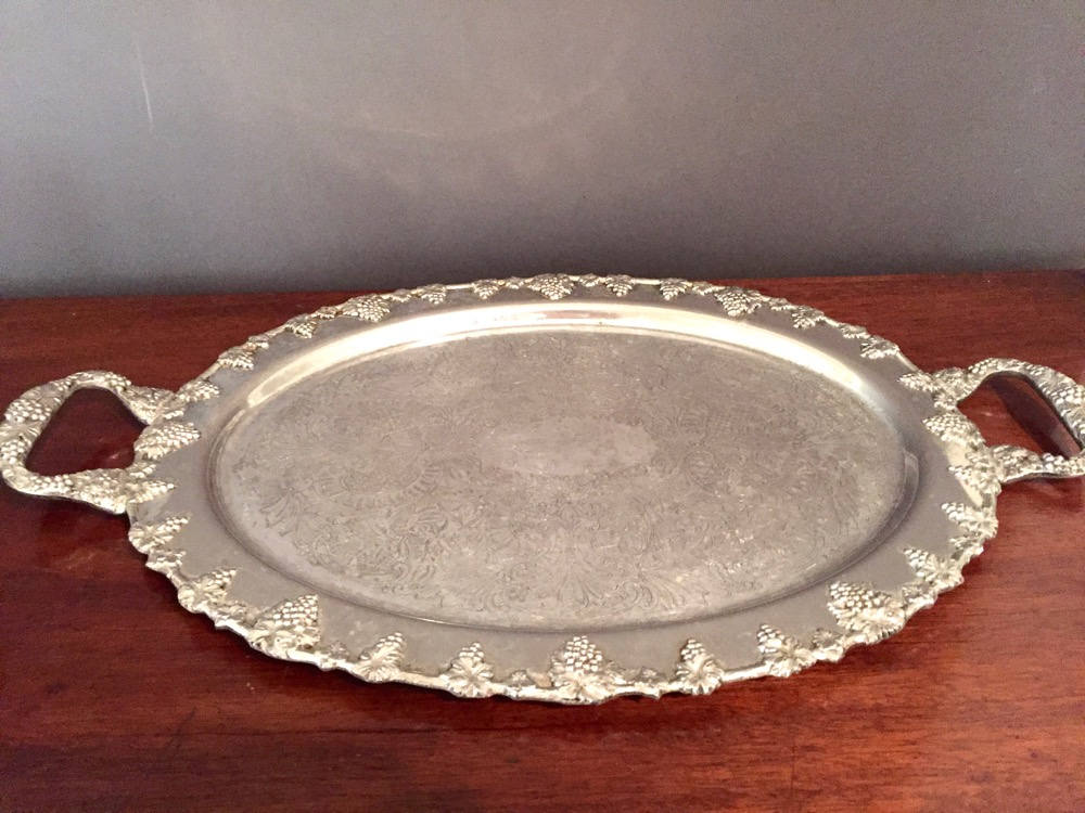 Vintage Oval Silver on Copper Tray, Handles, Grape Pattern Design