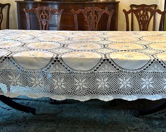 Crochet Tablecloth Applique Panels, Cream Ecru Color Vintage Tablecloth 72 x 84 Inches