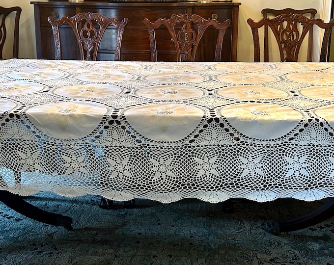 Featured listing image: Crochet Tablecloth Applique Panels, Cream Ecru Color Vintage Tablecloth 72 x 84 Inches