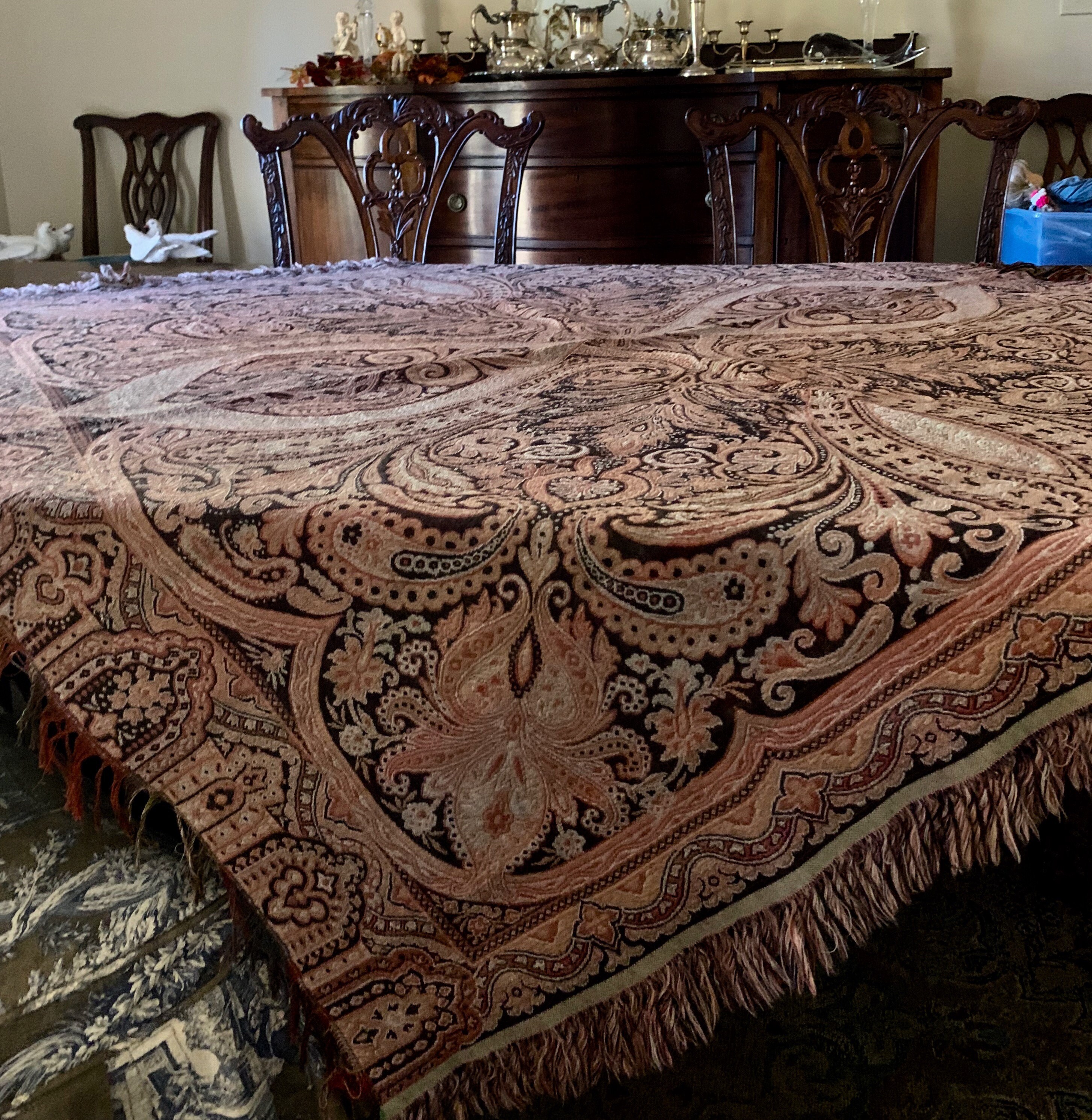 Vintage Wool Table Scarf, Decorative Table Cloth with Fringe, Autumn