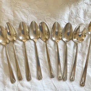 May include: A collection of nine silver spoons arranged on a white, patterned tablecloth. The spoons have oval bowls and long, slender handles with decorative detailing near the base. The spoons are reflective, showing the surrounding environment.