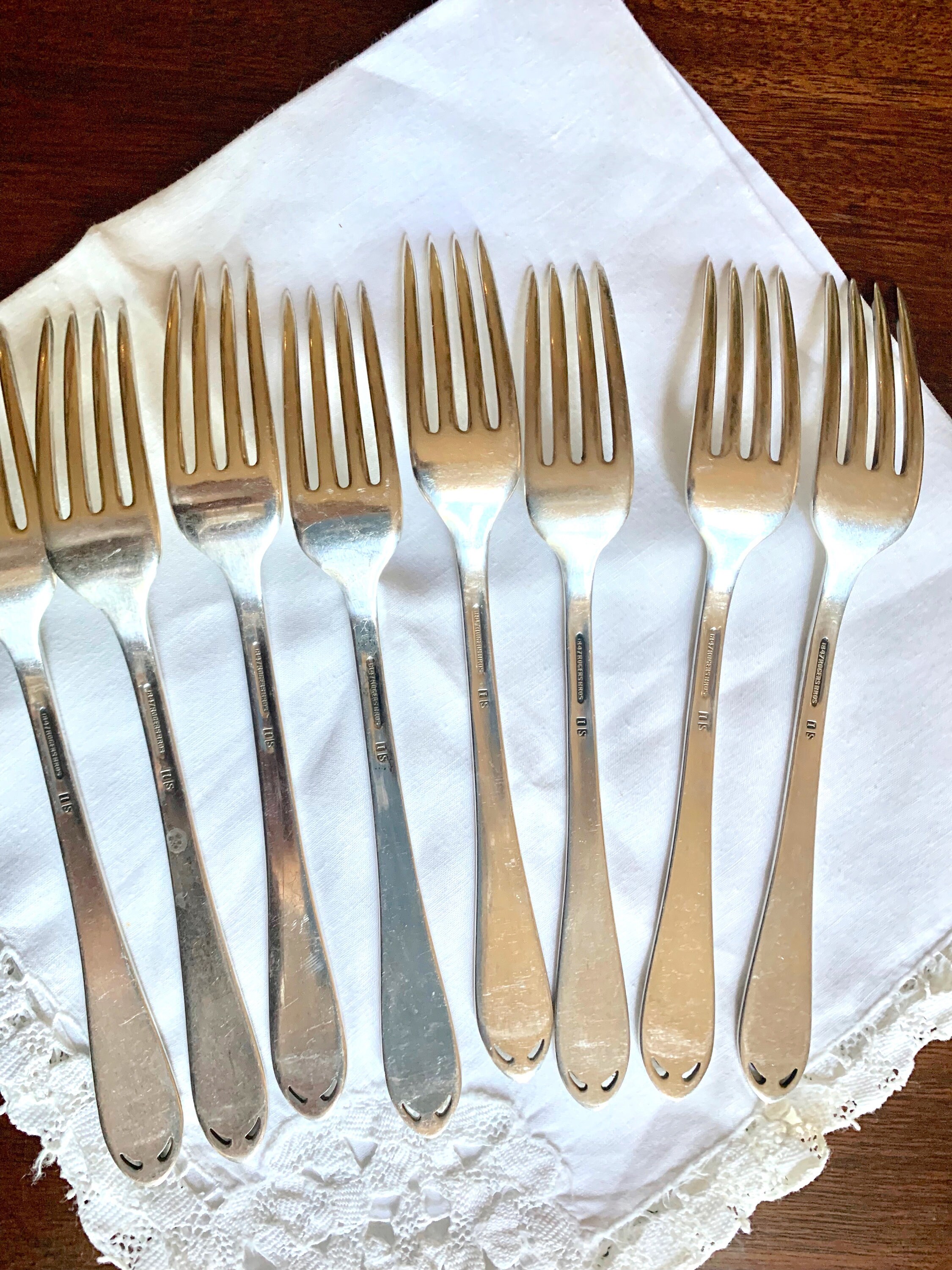 Eight Silver Plate Dinner Forks, Vintage Late Art Deco Silver Plate