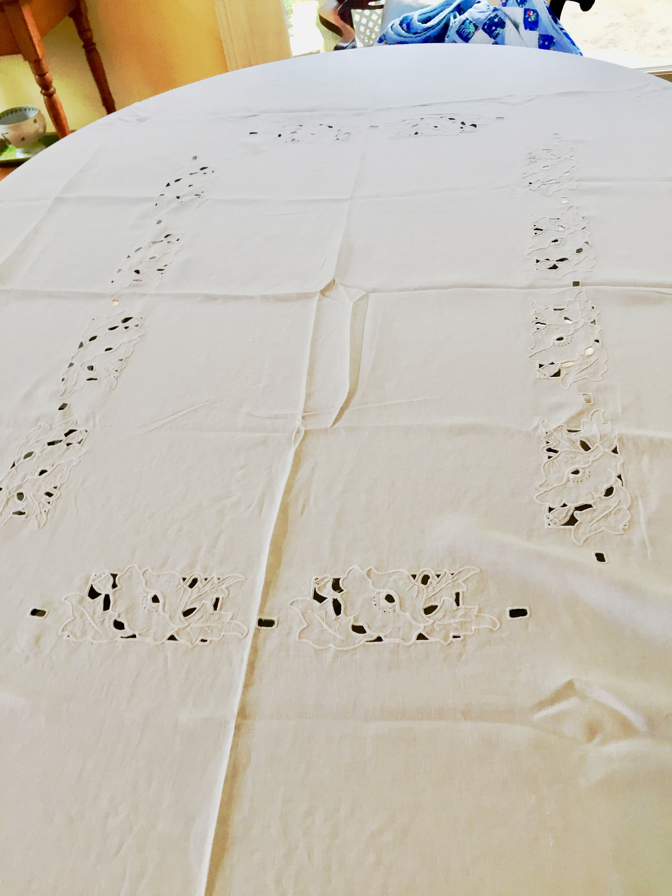 Vintage White Linen Tablecloth, Floral Cutwork Tablecloth Rectangular