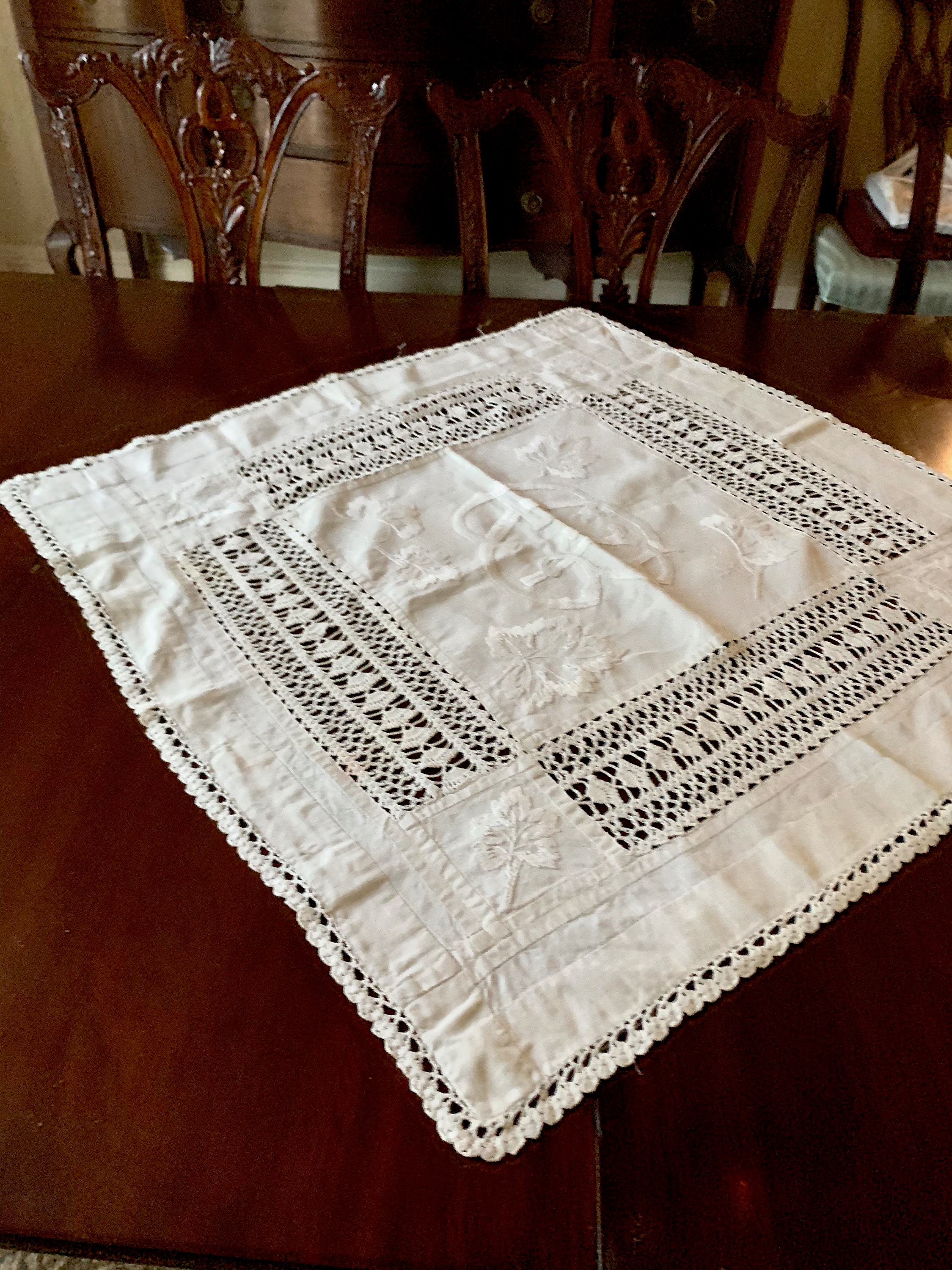 Linen Crewel Table Topper, Vintage Ecru Linen with Handmade Crochet