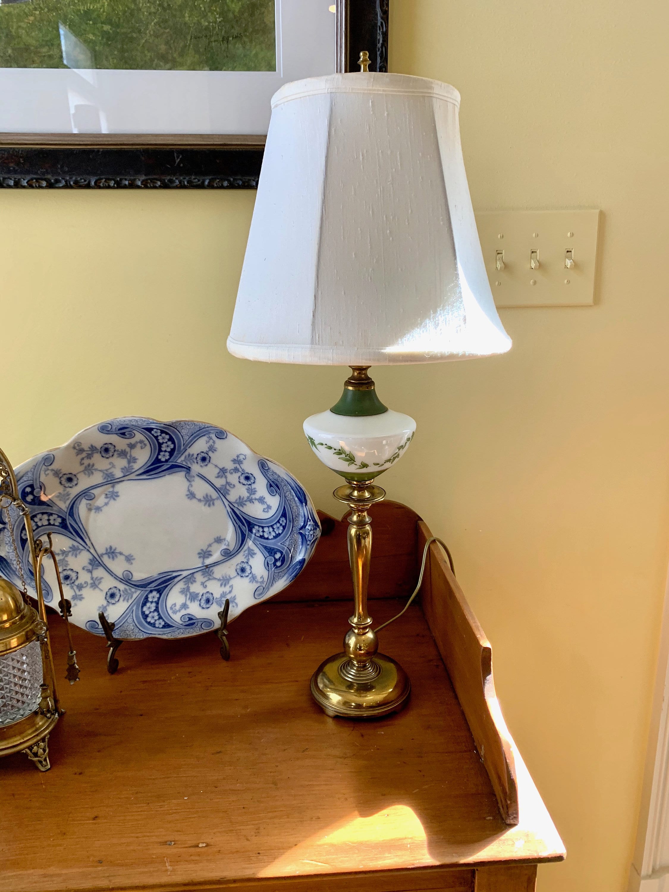 Brass Hand Painted Glass Lamp, Mid Century Early American Style Table