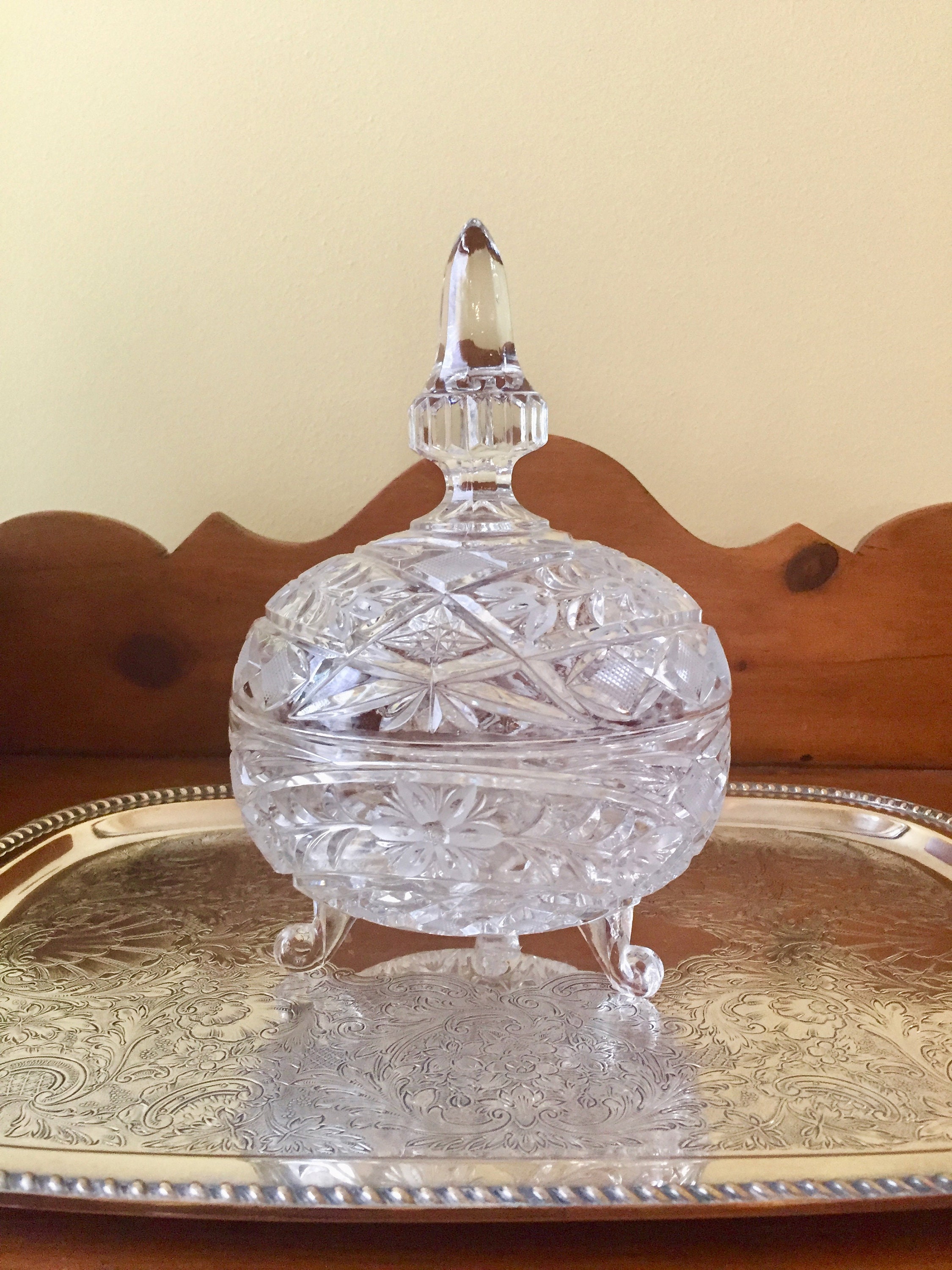 Crystal Footed Candy Dish, Lead Crystal Lidded Decorative Bowl, Crystal Gift Idea for Her