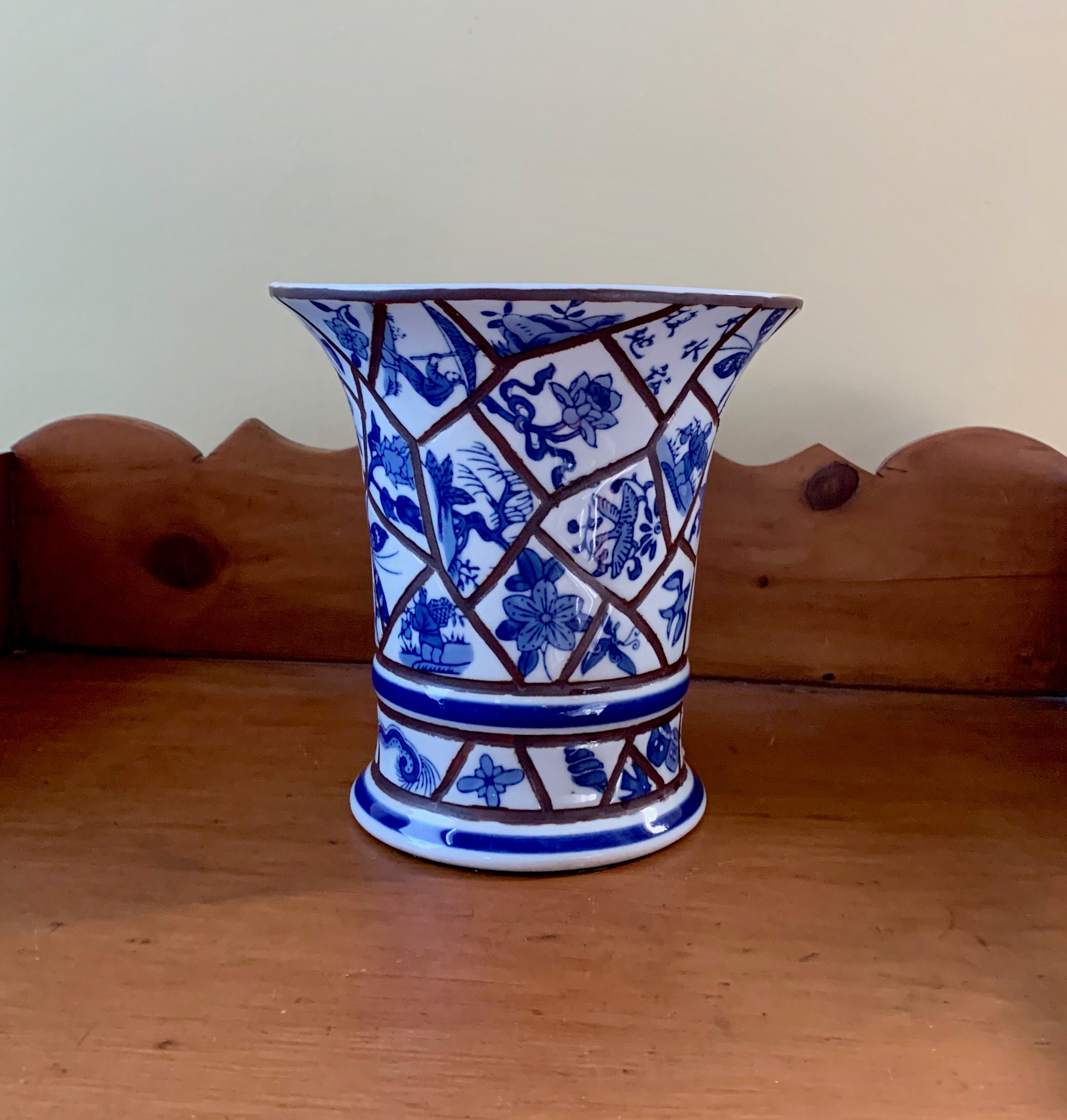 Blue White Chinoiserie Vase, Vintage Asian Blue White Trumpet Style