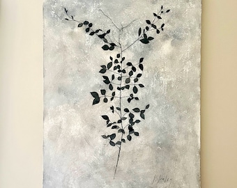 Painting Black Vine, 30 x 40 Original Acrylic Artwork, Vertical Black Vine Branches Painting with Glaze, Black, White Gray, Contemporary Art