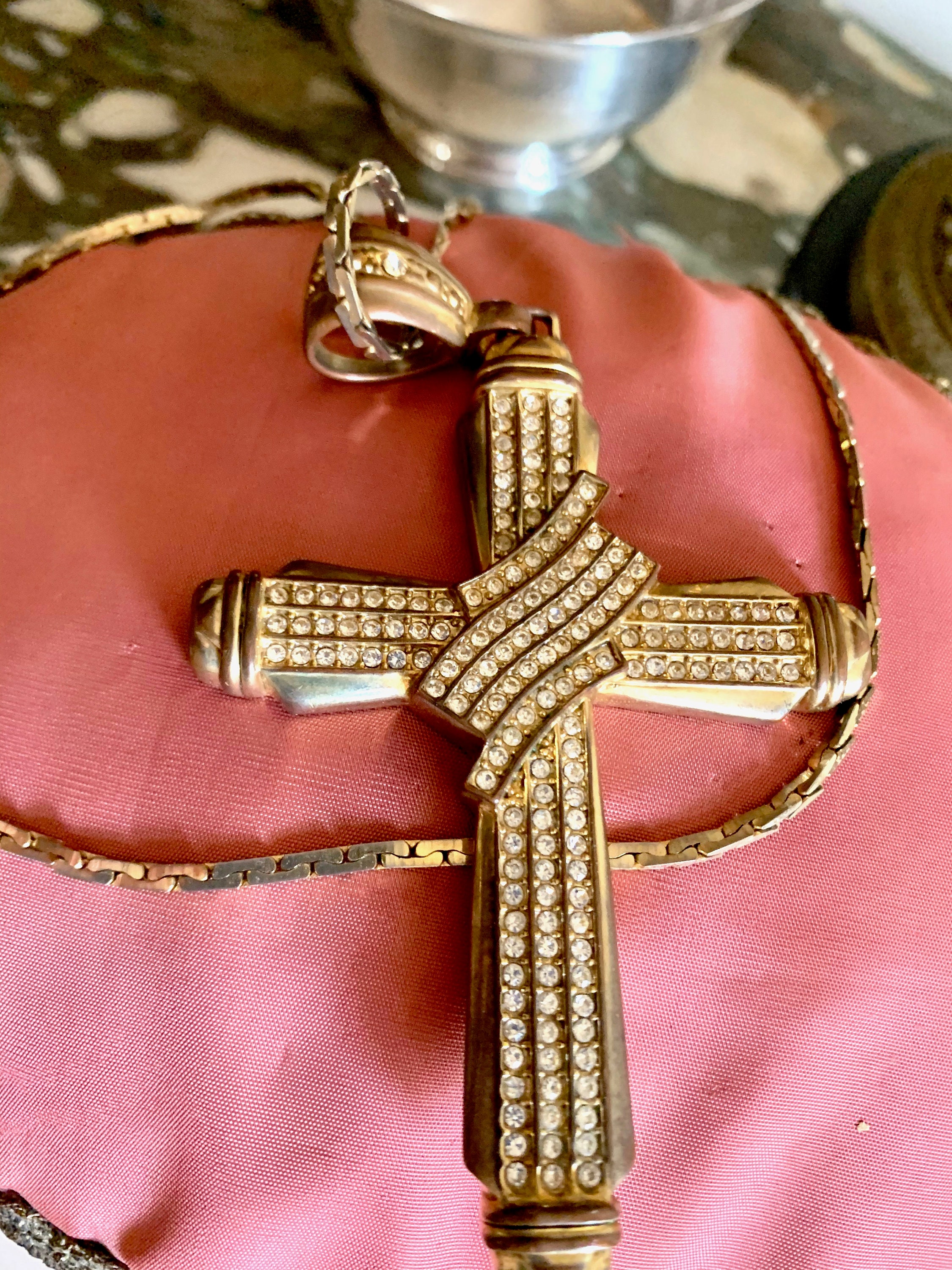 Large Rhinestone Cross with Chain, Brass with Rhinestones Cross Necklace, Cross Pendant with