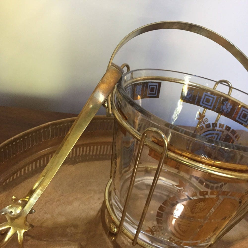 Mid Century Ice Bucket with Tongs, Gold Rim and Design, Hollywood