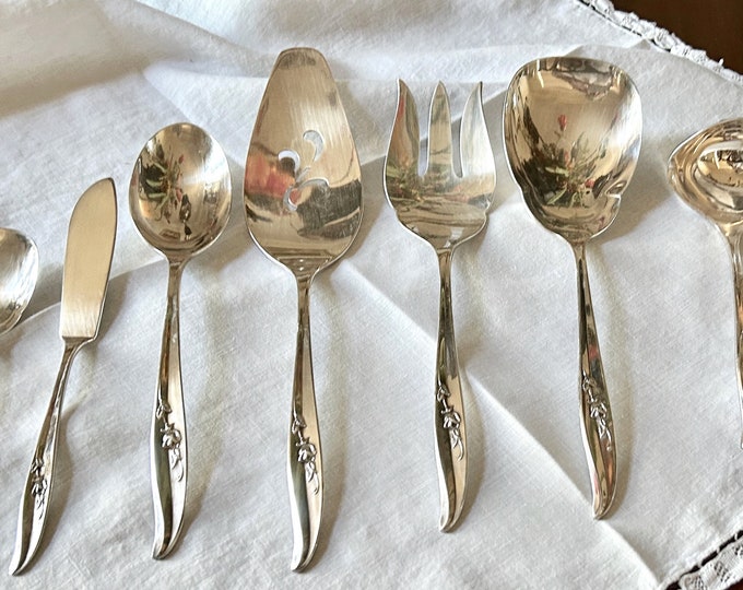 Featured listing image: Lei Lani Silver Plate Serving Utensils, Completer Set and Extra Utensils, Sugar Shell, Casserole Spoon, Pastry Server, Cold Meat Fork, Gravy
