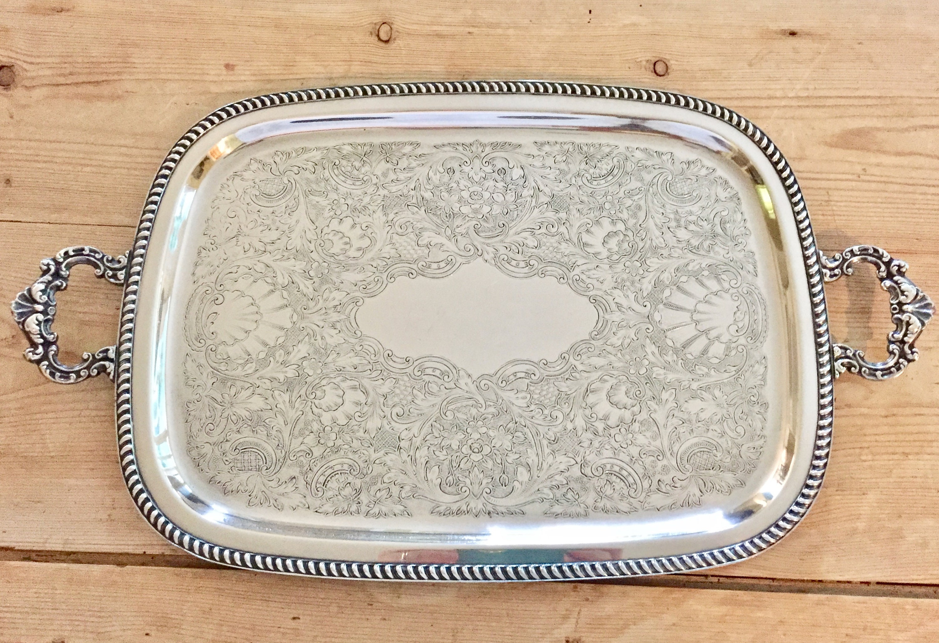 Vintage Silver Plate Serving Tray, 20 Inch Butler's Tray, Silver