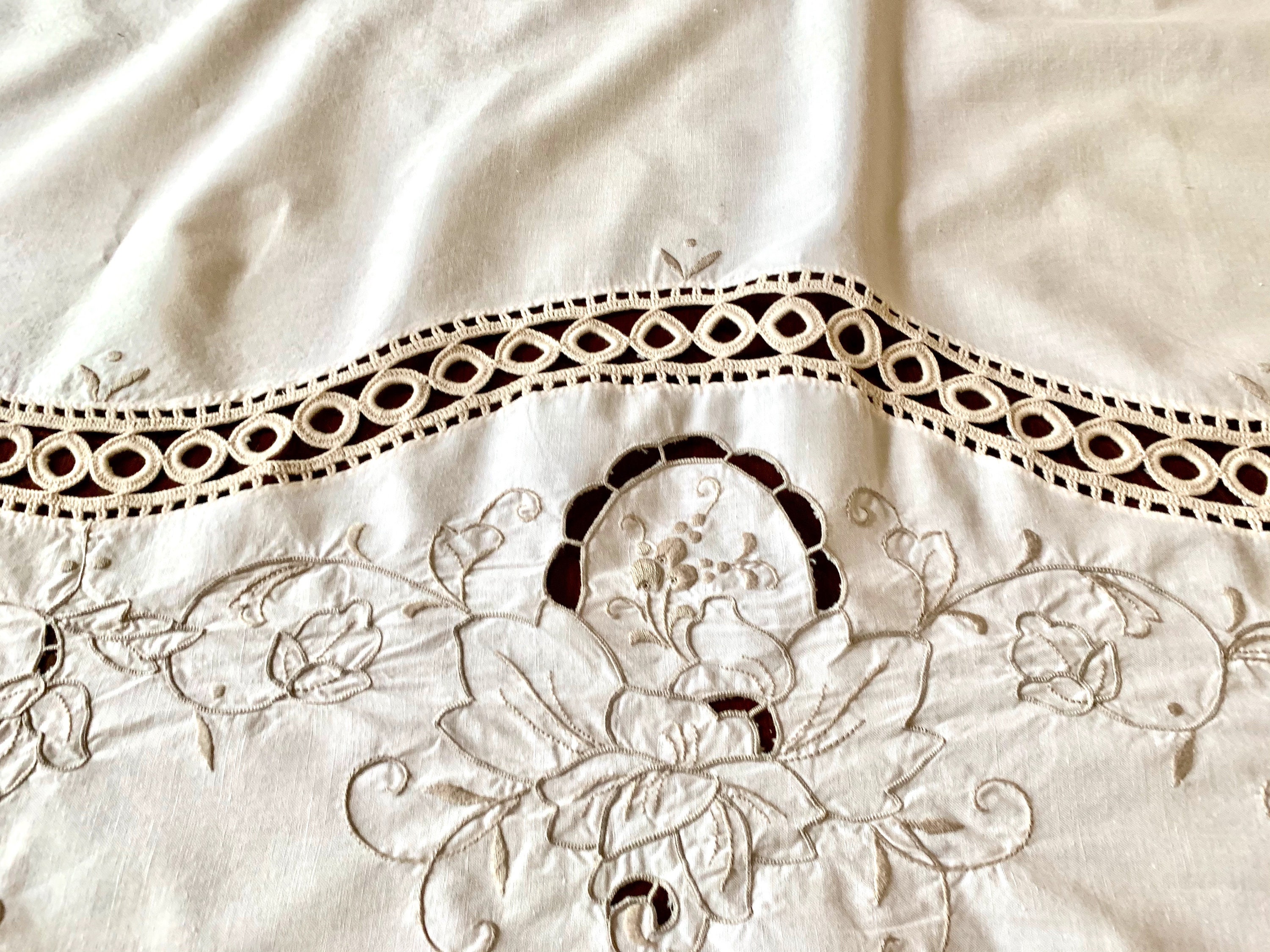 Ecru Madeira Style Tablecloth, Vintage Cream with Taupe Embroidered